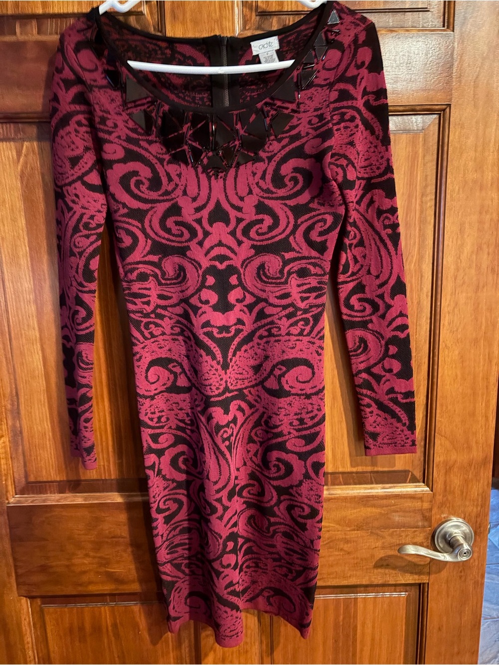 Caché Burgundy Black Damask Embellished Bodycon Sweater Dress - Size Small
